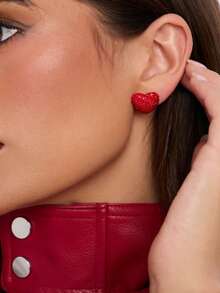 1 Pair Women's Red Heart-Shaped Full Rhinestone Earrings, Sweet Girly Style, Versatile And Fashionable, Suitable For All Occasions - Red Clay Heart - View 8