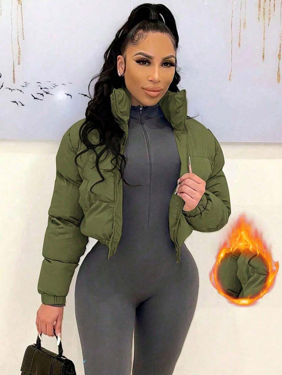 女士欧美风短款立领拉链保暖外套，休闲冬季款 - 軍綠色 - 查看 1