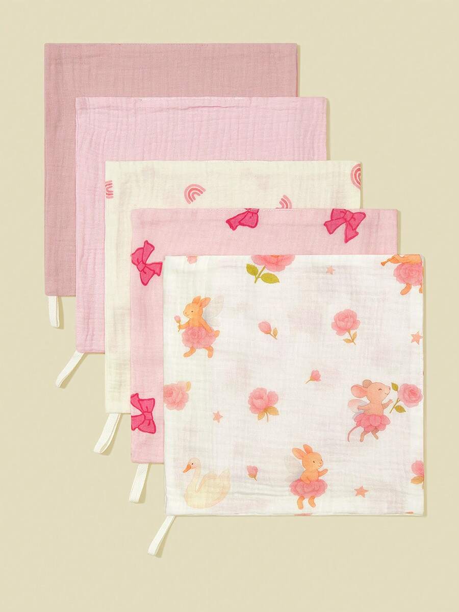 5条装 花卉卡通动物印花婴儿棉纱布围兜，喂食巾，口水巾 - 彩色 - 查看 1