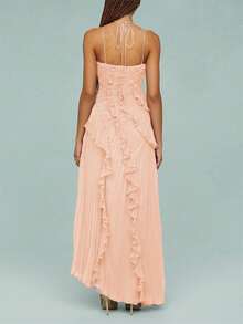 Women Ruffle Hem Pleated Sheer Mesh Long Maxi Dress Sleeveless Halter Neck Irregular Tiered Flowy Long Maxi Dresses For Wedding Guest Summer Holiday Beachwear - Màu Hồng  Dưa hấu - Xem 7