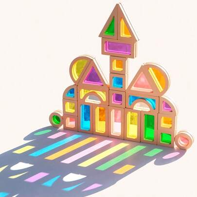 Wooden Acrylic Colorful Window Translucent Shape Recognition Sorting Building Blocks Toy, Children's Rainbow Light And Shadow Building Blocks, Creative Assembling, Parent-Child Interactive Game Toy, Logical Thinking Training Game Toy