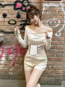 女士长袖T恤，白色，针织面料，露肩套头衫，春夏新品 - 白色 - 查看 6