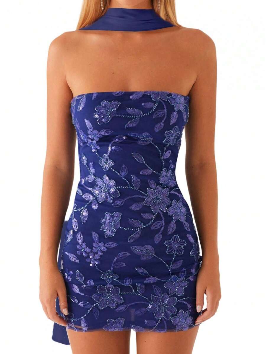 Women Summer Mini Bandeau Dress Sleeveless Off Shoulder Flower Embroidery Tube Top Dress With Scarf - 寶藍色 - 查看 1