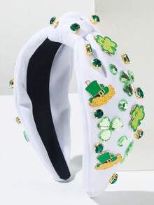 1件圣帕特里克节波西米亚风白色和绿色布料三叶草帽头箍，金属合金打结宽檐头饰，适合派对、庆典、游行、日常佩戴 - 白色 - 查看 1