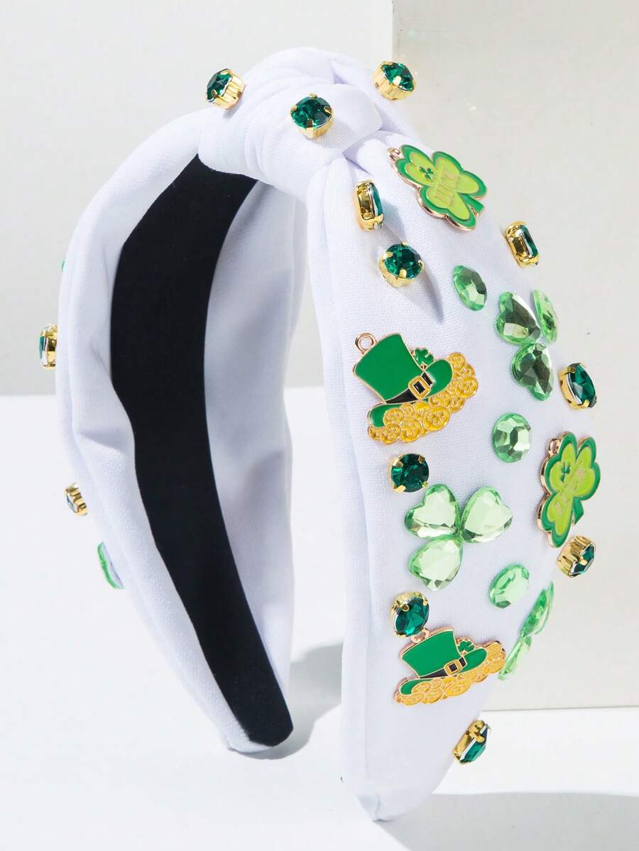 1件圣帕特里克节波西米亚风白色和绿色布料三叶草帽头箍，金属合金打结宽檐头饰，适合派对、庆典、游行、日常佩戴 - 白色 - 查看 1