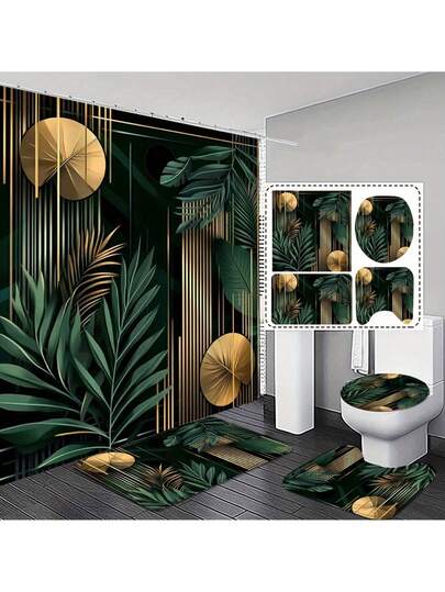 1/3/4pcs Bohemian Style 2D Flat Tropical Leaves Design Shower Curtain Set With Matching Bath Mat, Suitable For Modern Bathroom Decor, Elegant And Practical Home Decor Gift