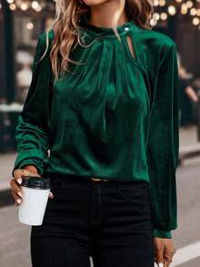 Chemise en velours élégante à col asymétrique avec boutons, manches longues, convient pour l'hiver, Noël et les soirées cocktail - Vert - Voir 2