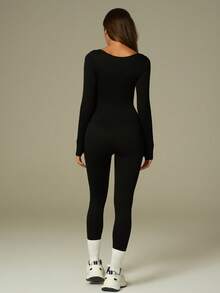 UONNOU Jumpsuit Olahraga Bergaris Pengangkat Bokong Bentuk Buah Persik, Bodysuit Yoga Lengan Panjang Leher Persegi untuk Musim Gugur dan Musim Dingin - Hitam - View 11