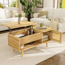 Elegant Coffee Table With Lift-Top And Rattan Doors, Wood Color With Black Accents, Ideal For The Living Room – Practical Storage Space And Functional Design. - 自然色 - 查看 3