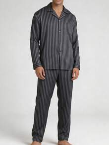 Snug League 2pcs Men Plus Size Striped Long Sleeve Top & Pants Sleepwear Set, High Quality Casual Home Outfit For Spring And Autumn, Fall Winter Clothes - Black - View 3