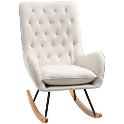 Swivel Rocking Chair With Wooden Legs And Metal Frame, Cream-White Linen Upholstery, 69 X 90 X 100 Cm For Comfortable Relaxation