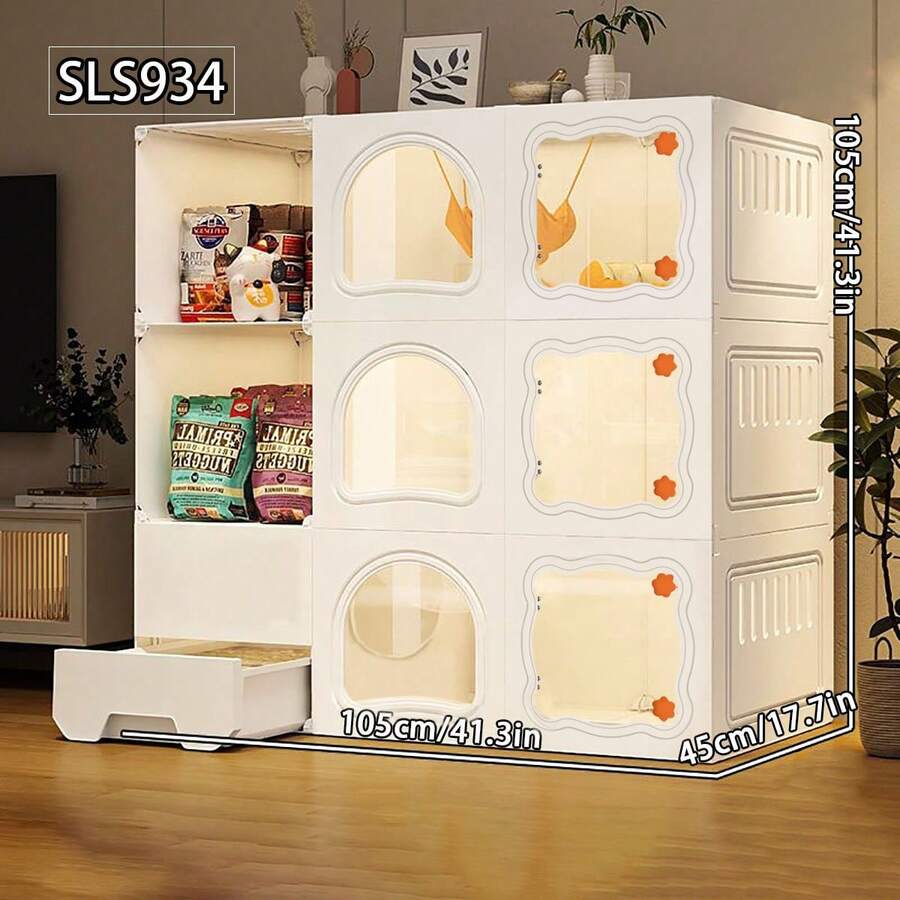 易于安装的猫笼，带猫砂盆和储物格，猫柜，适合幼猫室内家庭使用 - 彩色 - 查看 1