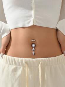 1pc Sparkling Cubic Zirconia Flower Belly Button Ring, Unique Pierced Body Jewelry Suitable For Women's Daily Wear And Parties