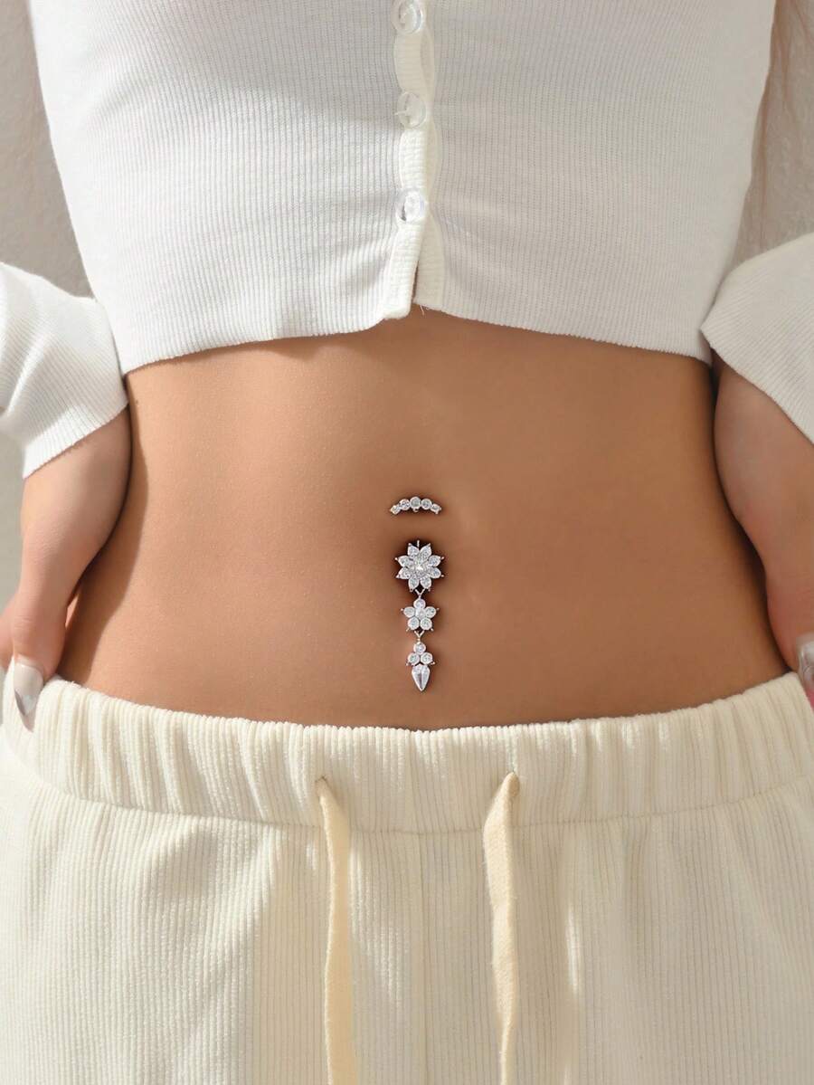 1pc Sparkling Cubic Zirconia Flower Belly Button Ring, Unique Pierced Body Jewelry Suitable For Women's Daily Wear And Parties