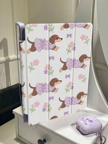 1个可爱卡通紫色小狗和花朵图案双面亚克力透明水晶后盖，防震，适用于iPad 7、8、10代（10.2英寸），内置笔槽，支持睡眠/唤醒功能，是理想的圣诞节和新年礼物