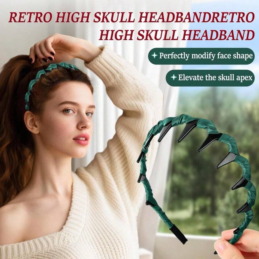 1pc Vintage High- Artificial Hairband, Vintage Skull Head Headband, Non-Slip Headband With Teeth, Vintage Elegant Hair Accessory For Wedding Parties (Simple, One Size Fits All) - 墨綠色 - 查看 1