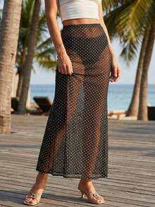 Women's Summer Sheer Mesh Skirt Low Waist Dot Print Long Skirt For Travel, Beach, Shopping - 黑色 - 查看 3