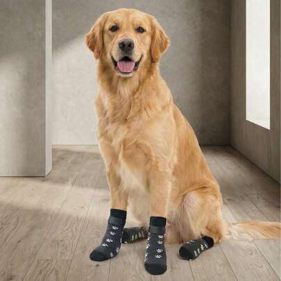 PETSIN 4pcs Anti-Slip Dog Socks, Soft Adjustable Pet Paw Protector, Dog Shoes, Pet Shoes, Dog Cat Socks, Anti-Slip Indoor Outdoor Dual-Sided Pet Paw Protector, Suitable For Small, Medium And Large Dogs, Black, Breathable Dog Paw Covers Outdoor Accessories