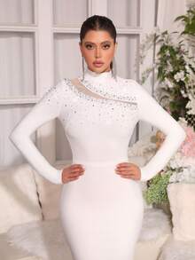 Modphy Romantic Black Long Sleeve Women's Formal Dress, Elegant Bandage Collar Maxi Dress Decorated With Pearls, Suitable For Formal Banquets, Holiday Parties And Other Occasions - White - View 2