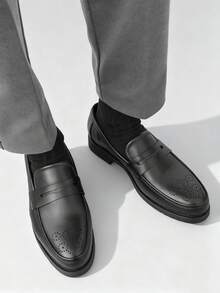 Salkin Fashionable Minimalist Men's Slip-On Penny Loafers, Gentleman Leather Brogues, Pointed Toe Business Formal Dress Shoes, Black Solid Color, Non-Slip Durable Sole, Suitable For Daily, Party, Wedding, Social Occasions, Spring/Summer/Autumn. Size Runs Large, Please Order One Size Down. - Black - View 6