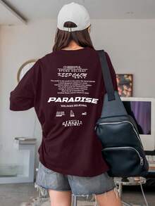 Women's Oversized Printed T-Shirt - Cheerful Paradise Phrase - Loose, Casual, Stylish, Modern, And Cool Blouse - 酒紅色 - 查看 4