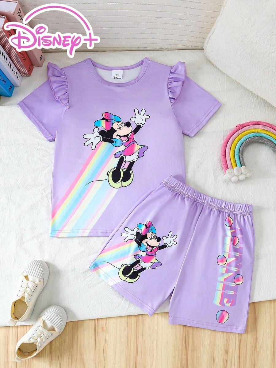 Disney 2pcs/Set Young Girls' Summer Cartoon Graphic T-Shirt And Elastic Waist Shorts, Cute Cartoon Character Print, Colorful Letter Decor On Shorts, Soft Knit Fabric, Suitable For Daily Wear Or Outings - Mauve Purple - View 1