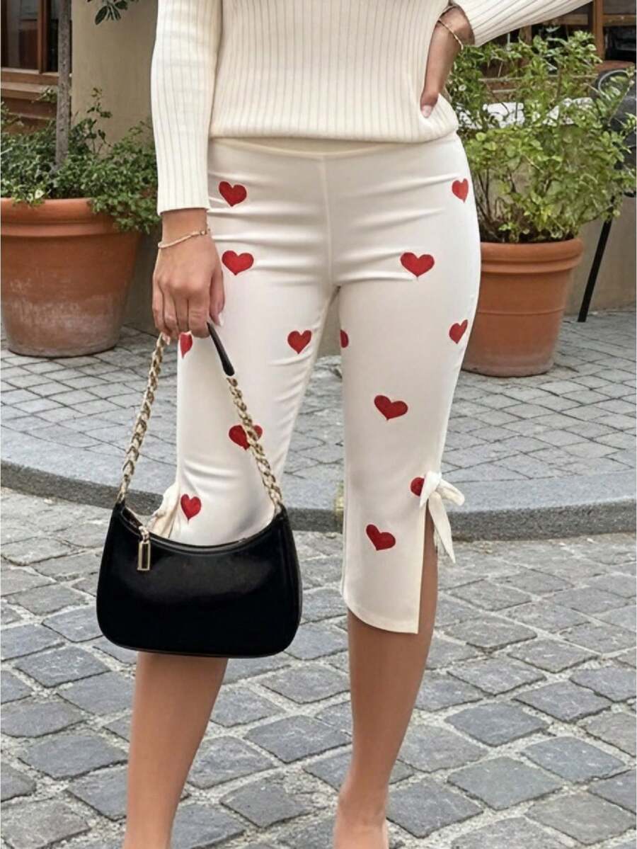 Women Dot Print Capri Pants With Bows Mid Rise Side Split Long Shorts Tights Casual Work Leggings For Outdoor Office - 紅白色 - 查看 1