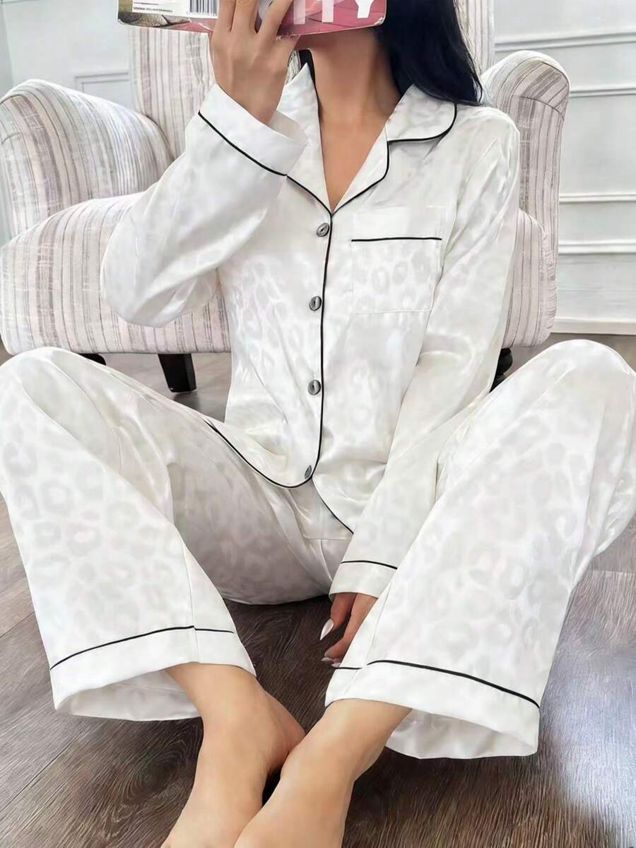 Milk White Leopard Jacquard Women Long Sleeve Pajama Set - White - View 1