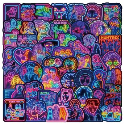 55pcs K-POP Witch Hunter Neon Style Waterproof Stickers, Suitable For Teenagers, Adults And Young People. These Retro Pop Art Style Glow Stickers Can Be Used For Computer Cases, Water Bottles, Notebooks, Phone Cases, Skateboards, Birthday Gifts, Easter, Halloween, Christmas, Party Favors, Carnival Gifts And Gift Bag Fillers/Decorations.