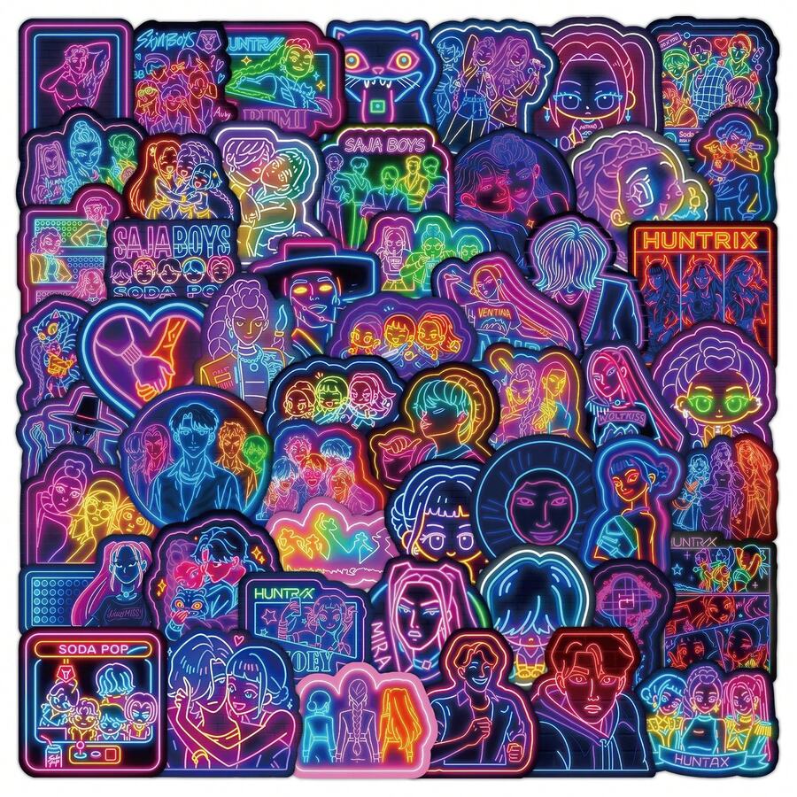 55pcs K-POP Witch Hunter Neon Style Waterproof Stickers, Suitable For Teenagers, Adults And Young People. These Retro Pop Art Style Glow Stickers Can Be Used For Computer Cases, Water Bottles, Notebooks, Phone Cases, Skateboards, Birthday Gifts, Easter, Halloween, Christmas, Party Favors, Carnival Gifts And Gift Bag Fillers/Decorations. - Multicolor - View 1