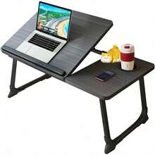 Mesa Plegable Soporte para Laptop con Portavasos y Diseño con Ranura Inclinación Ajustable de 5 Niveles Soporte Plegable Escritorio Portátil para Comer Escribir Jugar Sofá de Trabajo (Black) - por defecto - Ver 10