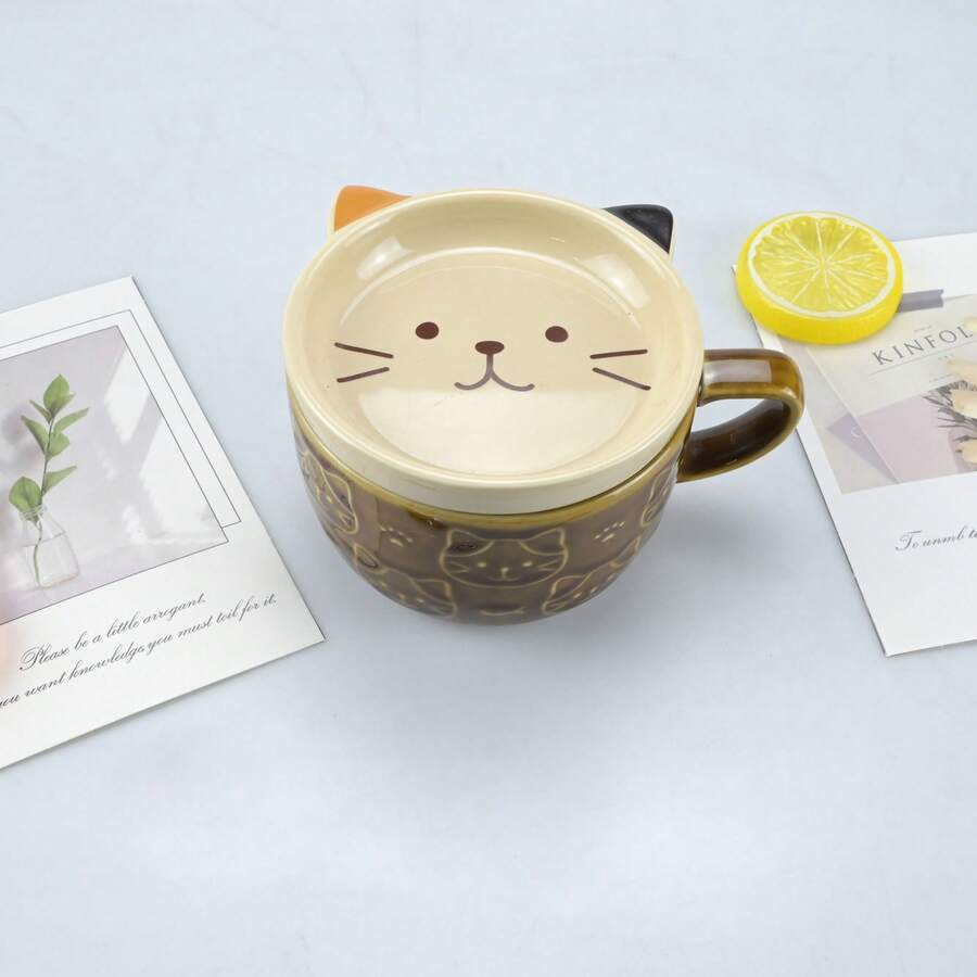 2个超可爱创意萌猫陶瓷马克杯带盖，高颜值卡通学生牛奶燕麦杯水杯，冷热饮皆宜，生日礼物圣诞礼物