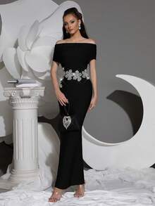 Elisanya Nouvelle robe de luxe avec décoration florale en strass, robe bandage. Design transparent à col unique en patchwork de maille, robe noire dos nu - Noir - Voir 5