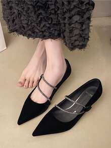 Pointed Toe Slip-On Pumps, Women's Low Heel Black Rhinestone Strap Dress Shoes, Versatile For Commuting - Black - View 2
