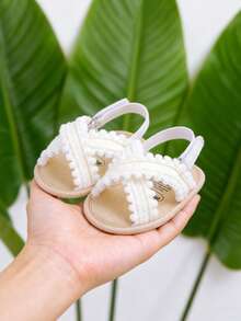 Infant/Toddler Girls/Boys Summer Sandals Open Toe Lace Princess Flat Wedding Shoes, Soft Non-Slip Soles, Pre-Walker - White - View 12