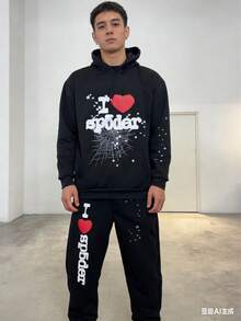 Y2K Fashion On The European And American High Streets! I ❤️ The Heart-Shaped Spider Print Hooded Sweatshirt + Ankle-Length Pants Set - màu đen - Xem 4