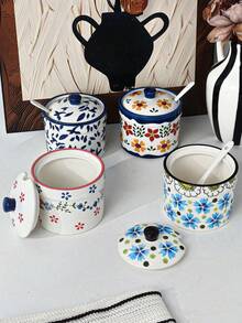 1pc Vintage Floral Spice Jar, Ceramic Household Kitchen Salt Shaker, Seasoning Pot With Lid And Spoon, Condiment Bottle For Chili Oil, Great Gift For Thanksgiving, Mother's Day, Holidays - Multicolor - View 6