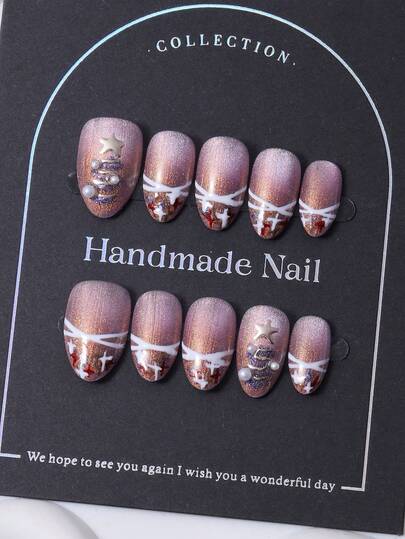 Set de 10 piezas, pegatinas de uñas en forma de almendra hechas a mano, estilo francés rosa Y2K, y diseño degradado de brillo con árbol de Navidad y estrella hechos a mano, para decoración de uñas. Incluye 1 pieza de gel de gelatina y 1 pieza de lima de uñas. Ideal para uso diario y looks de festivales de música, una excelente opción para pegatinas de uñas y productos para el cuidado de las uñas.