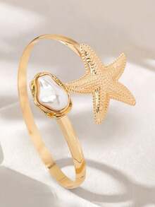1pc Fashionable Minimalist Adjustable Gold Starfish & Faux Pearl Bracelet, Suitable For Women Beach Vacation