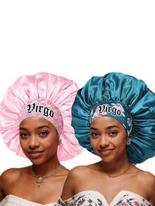 2 piezas Gorro de dormir de satén, Gorro de dormir de satén con estampado personalizado de 12 signos del zodíaco de ala ancha y elástico, Gorro de pelo de satén (estampado aleatorio) - Multicolor 2 piezas SM12+15/1 - Ver 28