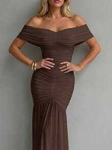 ChicMe 女士露肩褶皱长款连衣裙，无袖修身鱼尾裙摆鸡尾酒会优雅礼服 - 咖啡棕 - 查看 5