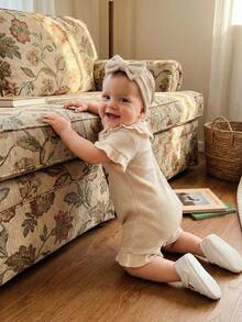 Baby Girls Rompers Letter Embroidery Ruffles Crew Neck Short Sleeve Infant Bodysuits Jumpsuits With Headband - Apricot - View 2