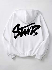 这款男士白色连帽卫衣采用100%纯棉面料，饰有白色“SWR”手写印花图案。宽松的落肩剪裁和版型，使其成为春秋季节的理想之选。这是一款柔软透气的男士长袖上衣。 - 白色4 - 查看 3