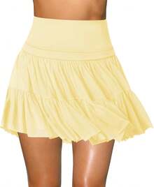 Women's Mini Skirt Skort Flowy Pleated High Waisted Ruffle Tennis Skirts For Women Athletic Skater Golf With Shorts Pockets - 黃色 - 查看 7