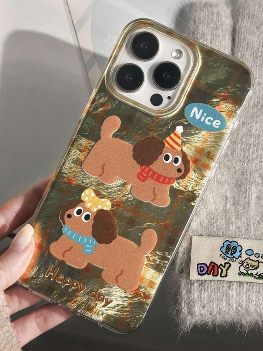 1pc Glacier Pattern Dog Anti-Fall Full Coverage Phone Case Protective Cover For IPhone 11/12/13/14/15/16/17/Pro Max - Khaki - View 1