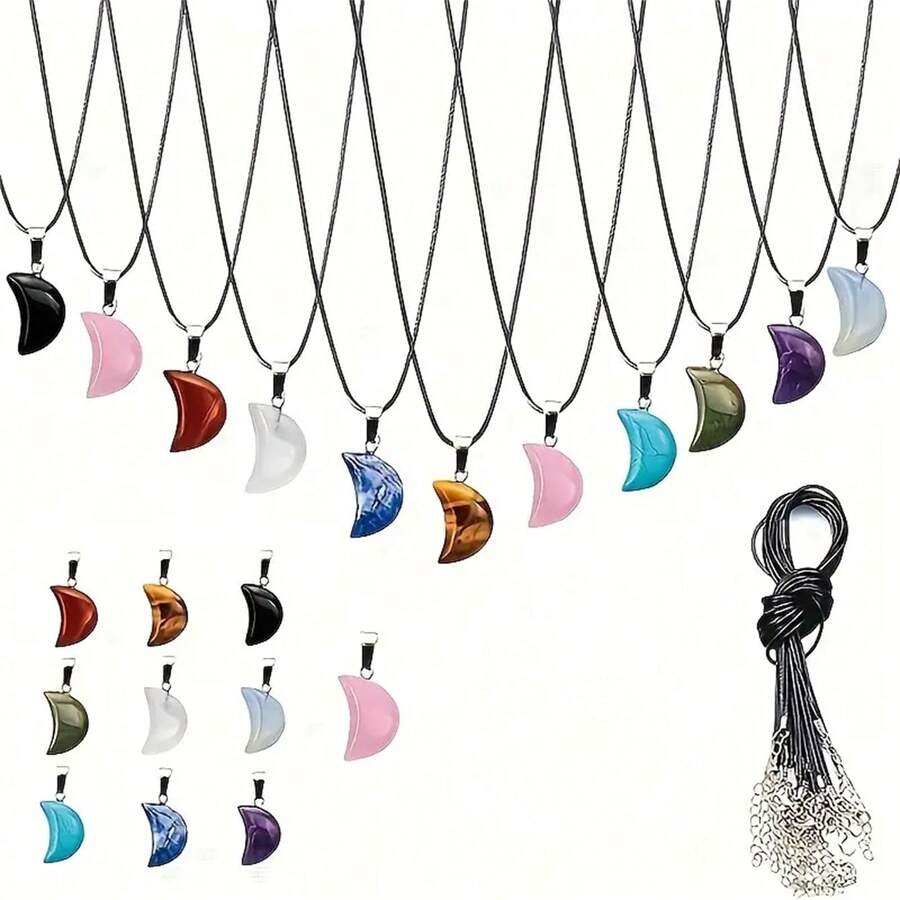 20pcs Vintage Moon Shaped Pendant With Adjustable Black Faux Leather Necklace Chain - Suitable For Jewelry DIY Bracelet And Earring Making, 10pcs Pendant + 10pcs Necklace Chain - Multicolor - View 1