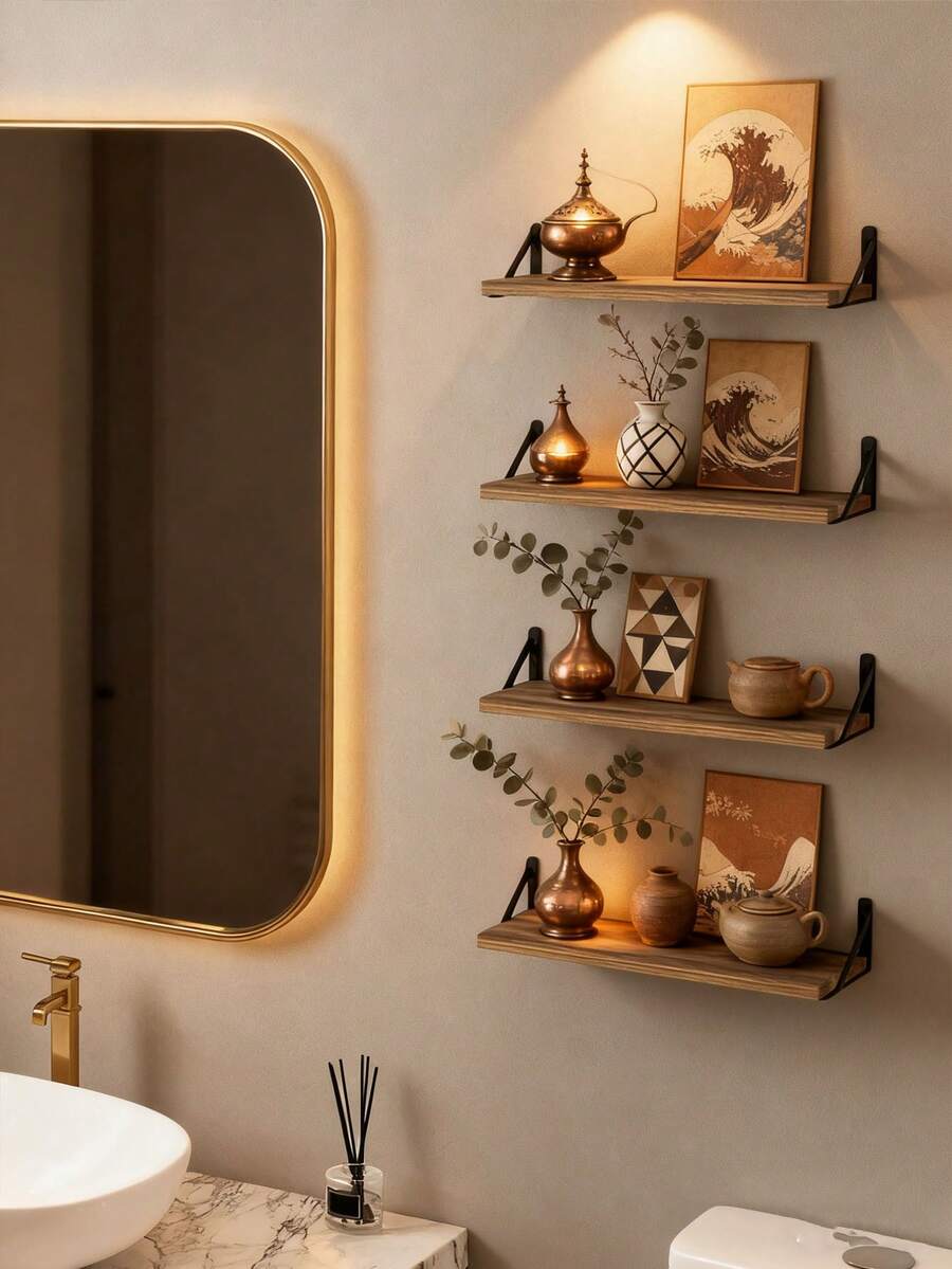 1/3 chiếc kệ gỗ treo tường phong cách Bohemian, kệ trưng bày đa chức năng kiểu mộc mạc cho phòng khách và phòng ngủ, kệ trang trí nhà cửa để đựng sách và đồ trang trí, phù hợp cho nhà ở, phòng ngủ, phòng khách, trang trí tường.