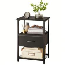 Tomnk 1 Or 2 Drawers Night Stand, Nightstand With Fabric Drawers, End Table With PU Finish, Bedside Table, Bedroom Furniture - Black - View 8