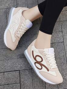 女士复古轻便舒适圆头系带鞋，透气学生休闲情侣简约低帮软底百搭运动鞋 - 米棕 - 查看 7