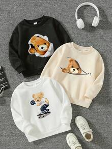 3 件男婴休闲印花圆领套头连帽衫，秋冬 - 可爱的熊和滑板印花连帽衫为每个孩子带来欢乐和幸福！